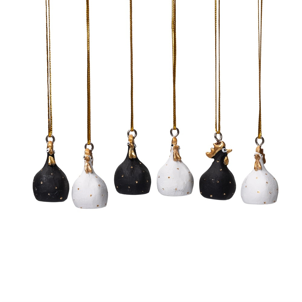Hængende Høns 6stk mix, white/gold, black/gold H4cm