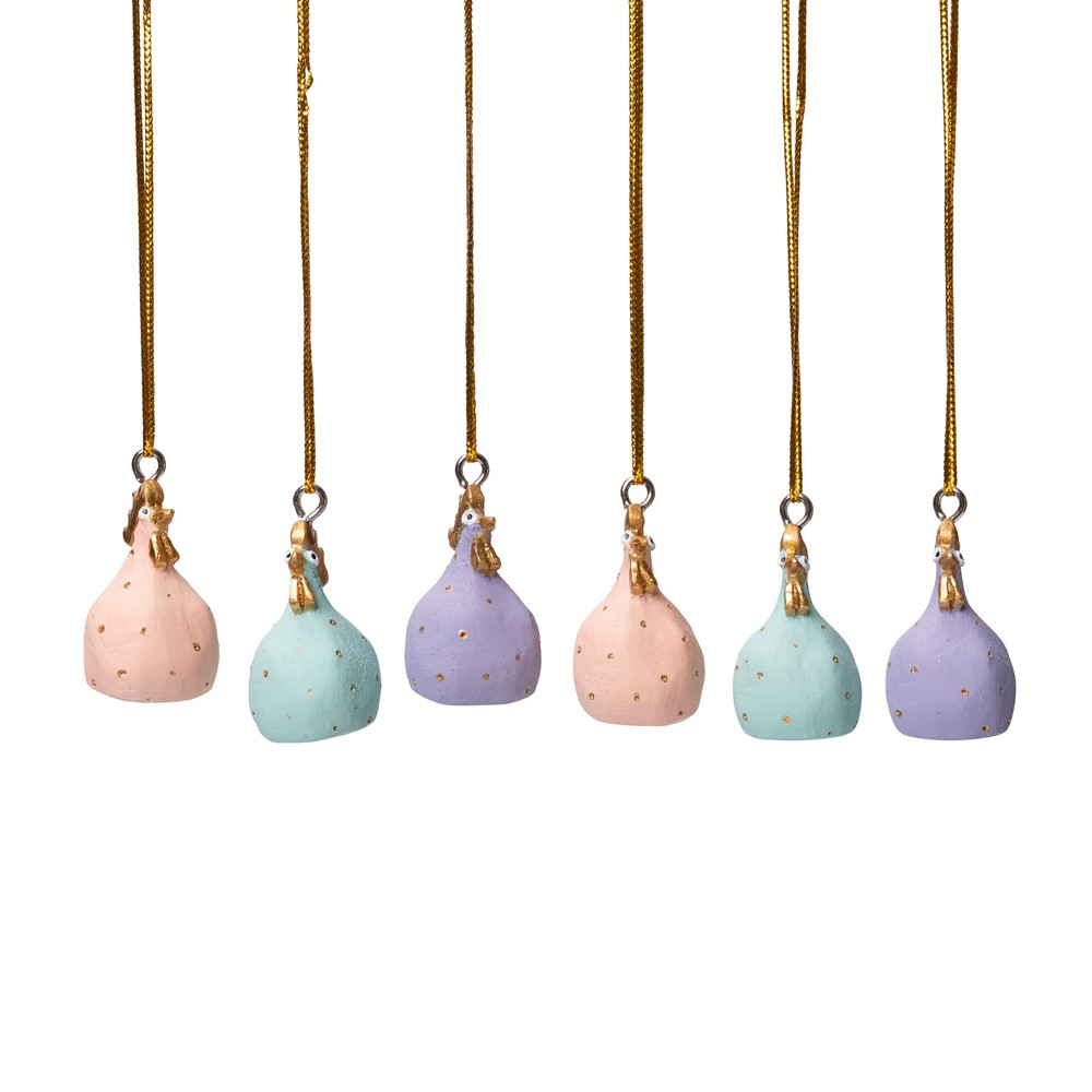 Hængende Høns 6stk mix, Rose quartz, Jade, Amethyst H4cm